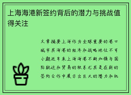 上海海港新签约背后的潜力与挑战值得关注